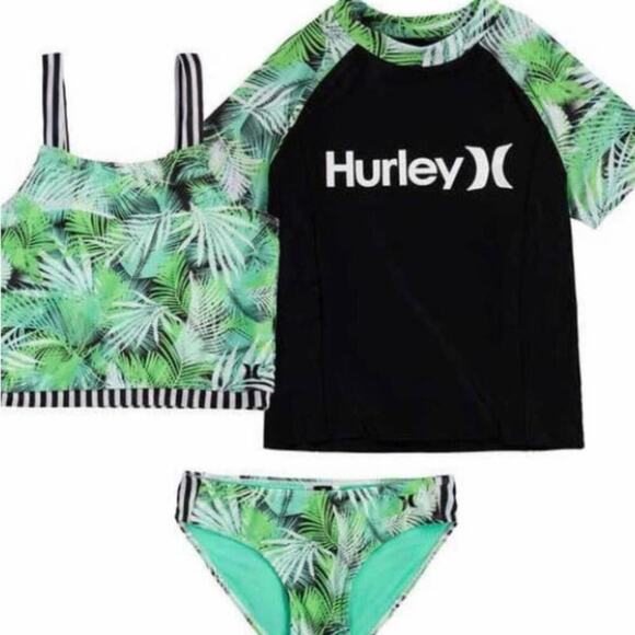 Hurley Swimwear Set Girls Rash guard Tankini Bikini 3-piece Size Medium NWT
